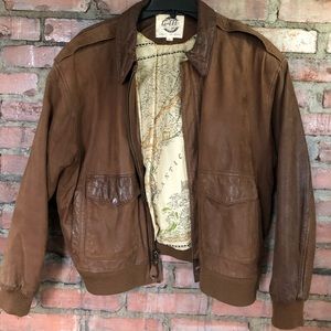 Vintage Large Brown Leather Bomber Flight Map Jacket